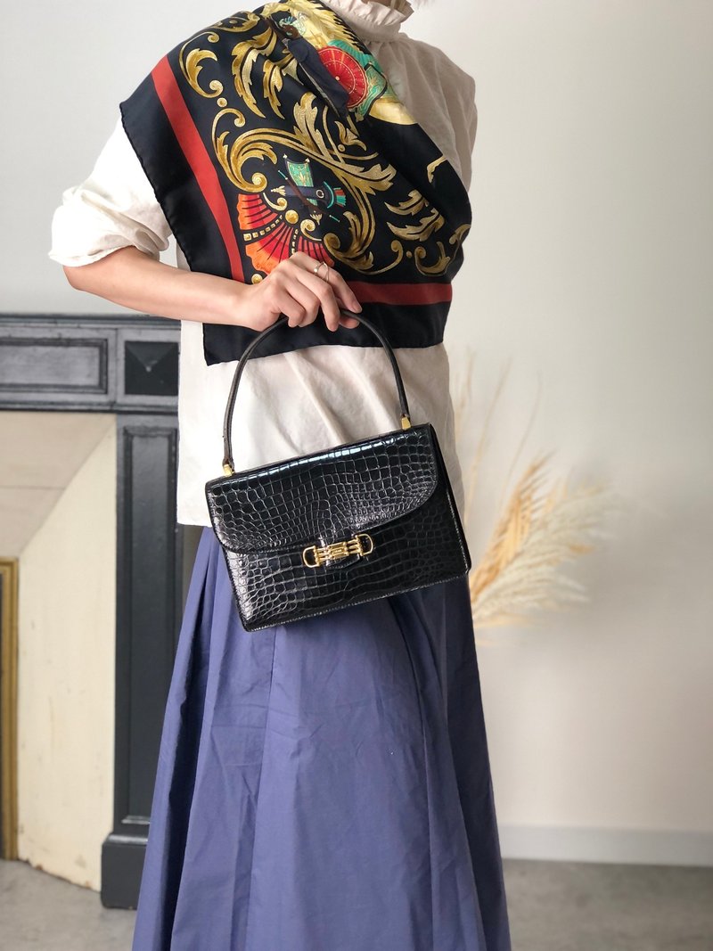 【 日本直送　名牌中古包 】CELINE セリーヌ ハンドバッグ ブラック ホースビット クロコ型押し vintage ヴィンテージ オールド 4mkifm - 手提包/手提袋 - 真皮 黑色