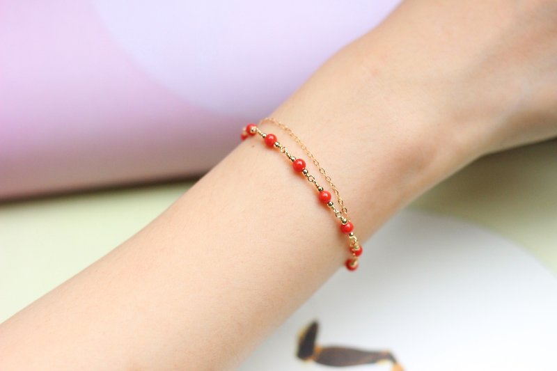 [Red Pearl] coral bracelet hand-wound 14k gold note birthday gift female hand-customized - สร้อยข้อมือ - เครื่องเพชรพลอย สีแดง