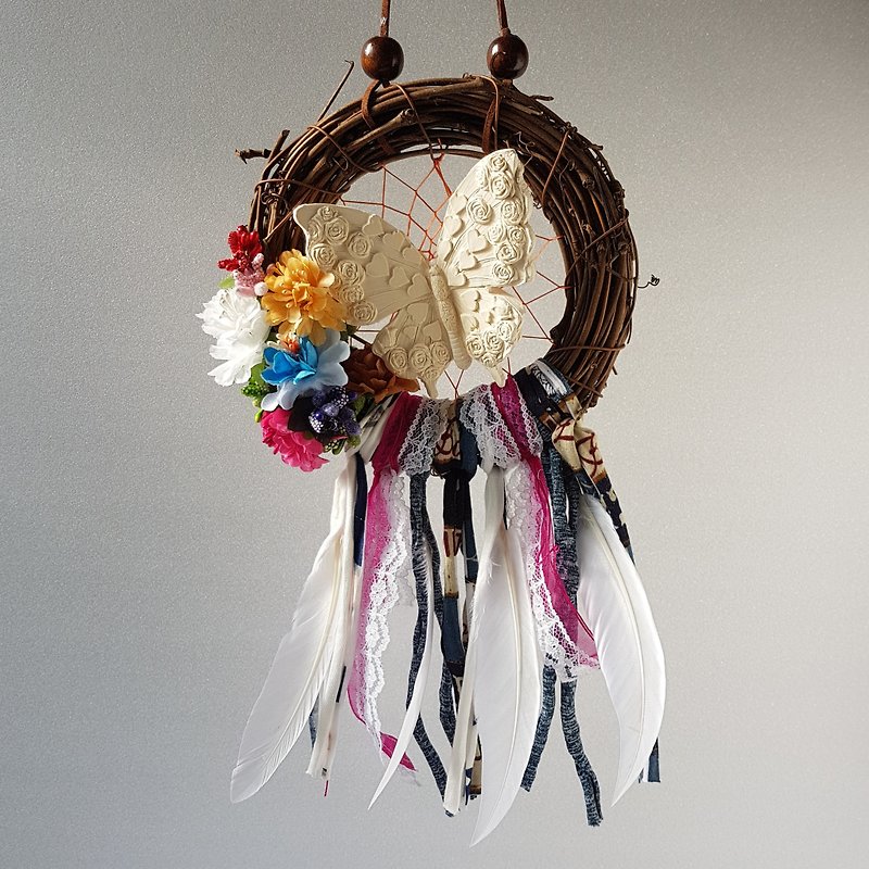 Dreamcatcher  Joyful Butterfly aroma stone w/twig wreath - ของวางตกแต่ง - วัสดุอื่นๆ สีนำ้ตาล