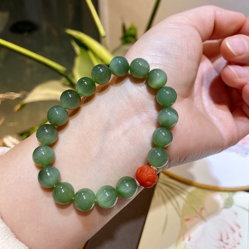 9mm natural Hotan jade/Khotan jade - cat's eye jasper. Southern red lotus bead design single circle handheld bracelet s - Bracelets - Jade Green