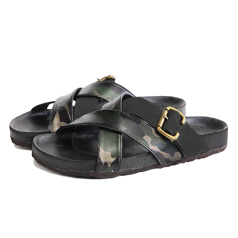 Dubai M1174 Black Camouflage-Print  leather sandals - 涼鞋 - 真皮 黑色