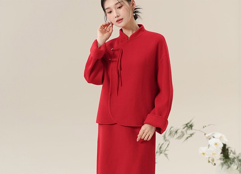 新中式中國風 羊毛雙面呢 上衣/半裙 - 女上衣/長袖上衣 - 羊毛 紅色