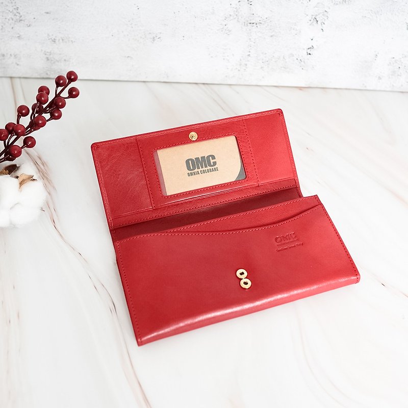 16 cards 1 photo vegetable tanned leather multi-layered cowhide long clip (red) - กระเป๋าสตางค์ - หนังแท้ สีแดง