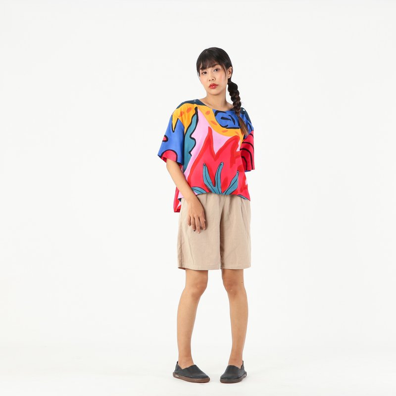 Blouse Kimono Cotton Rayon Hand paint For Summer Beach Vacation - 女上衣/長袖上衣 - 棉．麻 粉紅色