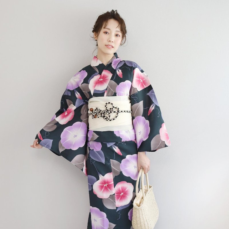 日本 和服 日本染色 梭織 女性 浴衣 腰封 2件組 F x21-01 yukata - 其他 - 棉．麻 藍色