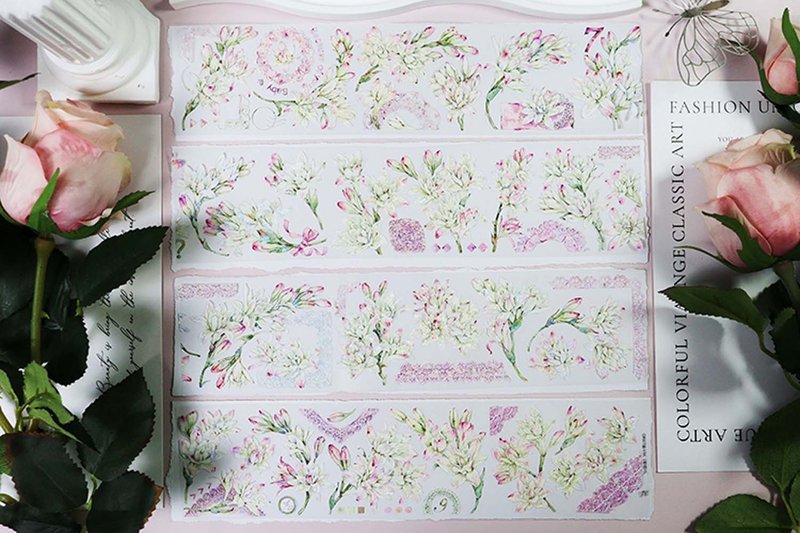 OKMT新七天原創社團咕卡貼紙PET手帳手賬膠帶 特殊工藝 晚香玉 - 紙膠帶/和紙/PET - 塑膠 白色