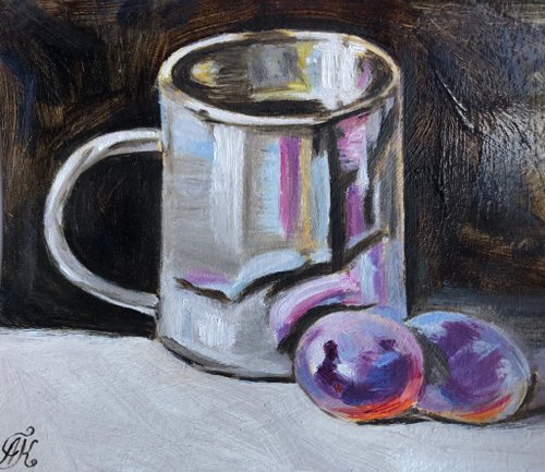 Alisa-Art A cup of plums kitchen painting modern wall art 6x5 inches Original oil painting