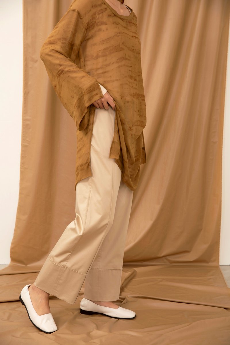 pleated flat trousers - กางเกงขายาว - ผ้าฝ้าย/ผ้าลินิน สีกากี