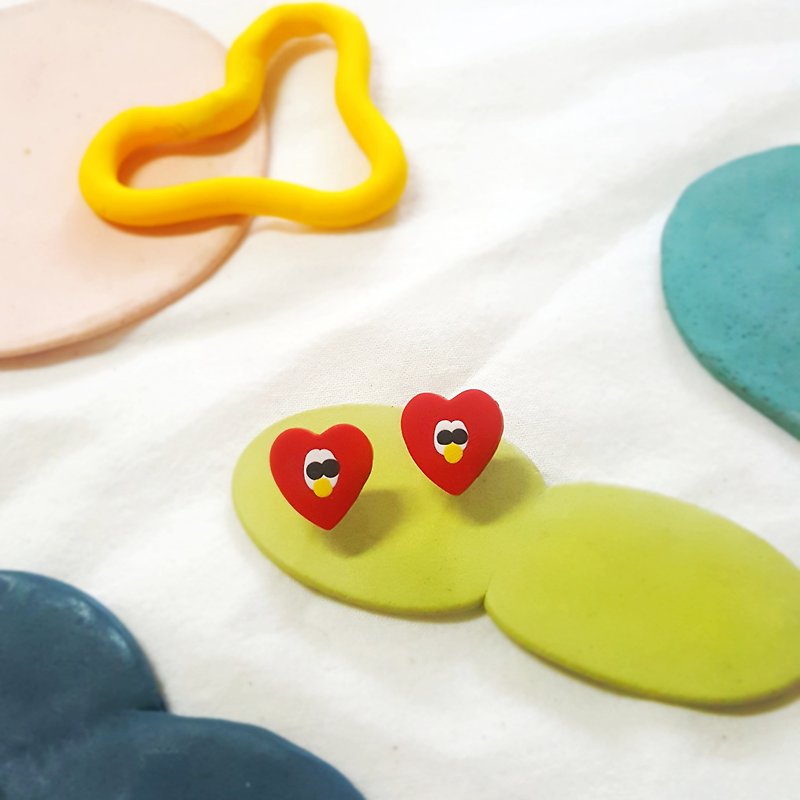 ㄎ ㄧ ㄤ series earrings-red love cute emoji ear studs (Clip-On can be changed) - Earrings & Clip-ons - Clay Red