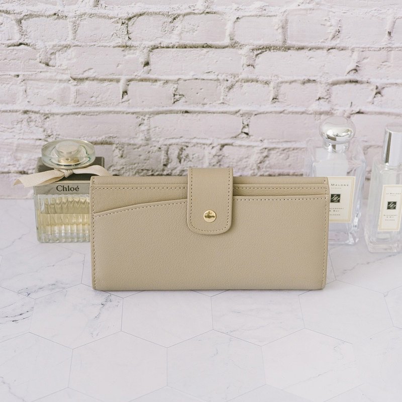 【禮盒】真皮掀扣式長夾 X0149 杏 - 錢包/皮夾/長短夾 - 真皮 卡其色