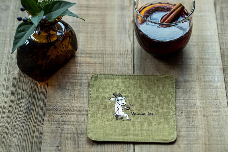 Goat embroidered coaster grass green - Coasters - Cotton & Hemp Green