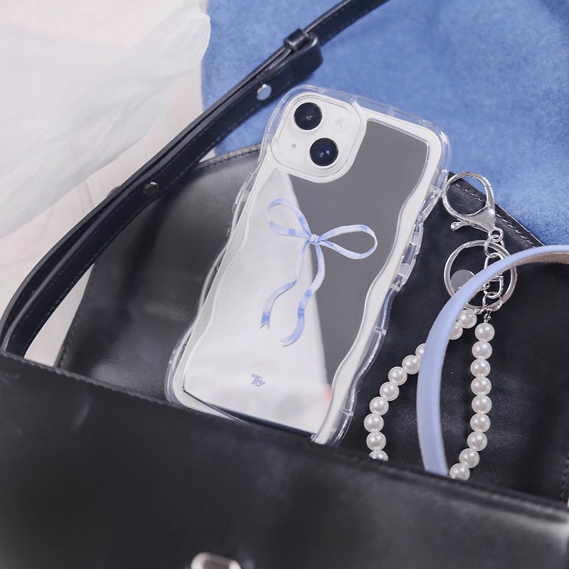 [Bright light blue with bow (L)] Wave frame mirror phone case - Phone Cases - Other Materials 