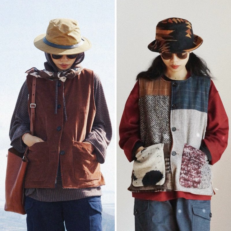 雙面穿進口羊毛料 焦糖燈芯絨冬季保暖馬甲 手工拼布製作 - 女大衣/外套 - 羊毛 多色