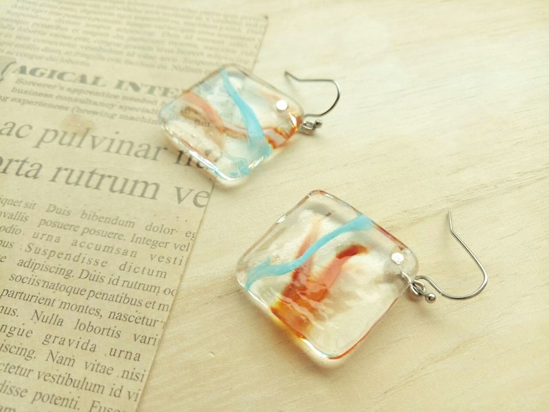 Square colored waterweed handmade glass earrings - ต่างหู - แก้ว หลากหลายสี