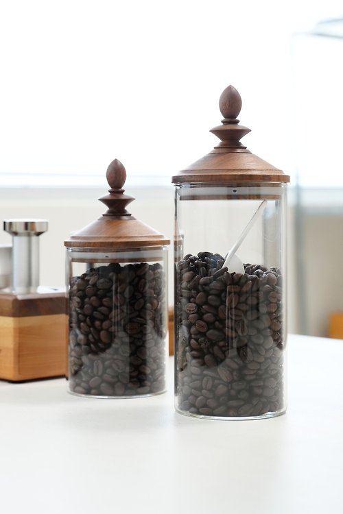 CHONG 翀 復古玻璃密封罐 黑胡桃木蓋咖啡豆圓形廚房儲物罐車旋造型