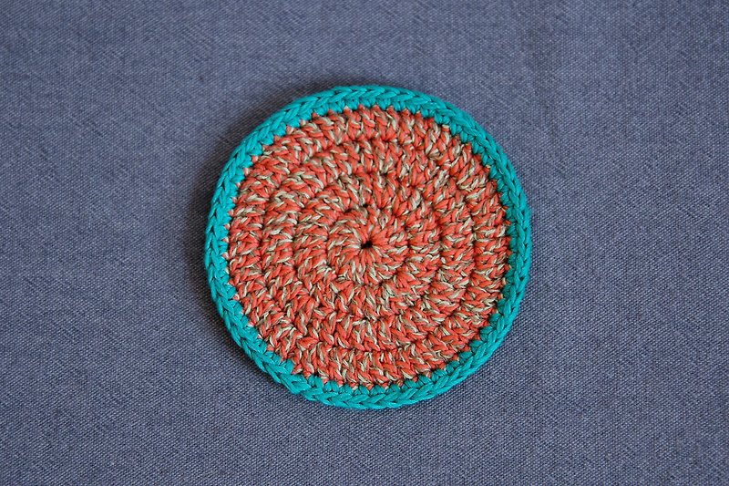 Circular knitting coaster - blue, green and orange - ที่รองแก้ว - ผ้าฝ้าย/ผ้าลินิน สีส้ม
