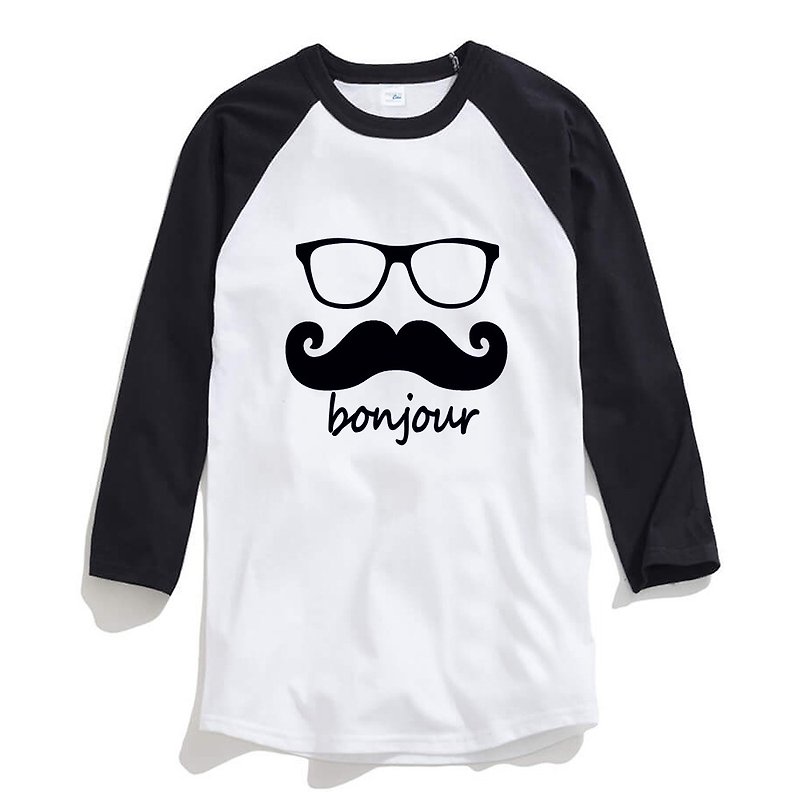 bonjour unisex 3/4 sleeve white/black t shirt - เสื้อยืดผู้ชาย - ผ้าฝ้าย/ผ้าลินิน ขาว