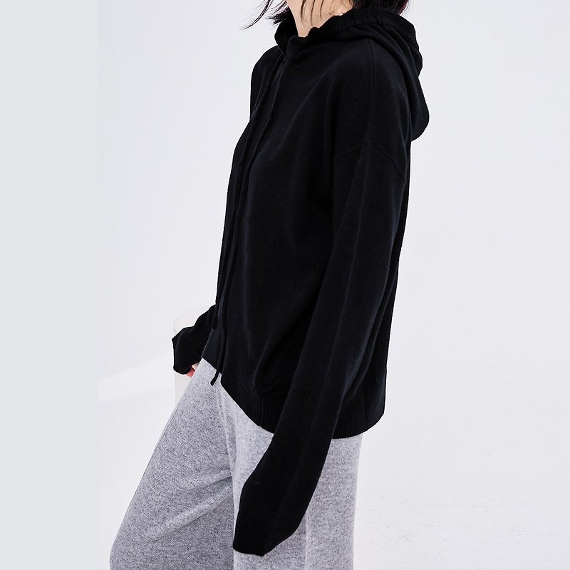 Hago GAOGUO original design women's brand 19 winter black wool loose drawstring hoodie sweater sweater sweater - สเวตเตอร์ผู้หญิง - ขนแกะ สีดำ