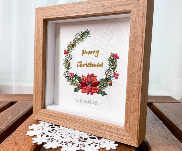 クリスマスマーケット] リース刺繍絵画 ライトカラー無垢材