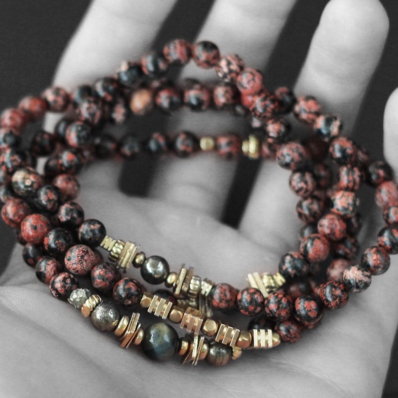 Red Fire Shura. Natural Ore Four Chains of 108 Rosary Beads Gold Alabaster Dream Tiger Eye Stone - สร้อยข้อมือ - เครื่องเพชรพลอย สีแดง