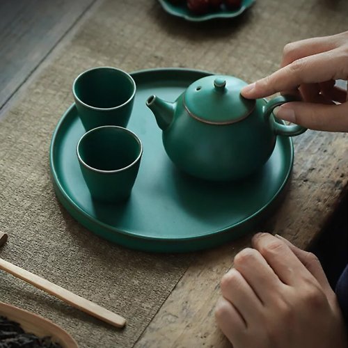 哎喔生活雜良 品藏 尚岩粗陶墨綠茶藝中式茶壺組
