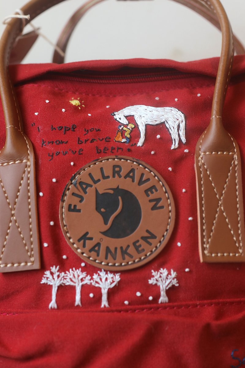 Boy, mole, fox and horse kanken bull red leather handle -- hand embroidery custom - กระเป๋าเป้สะพายหลัง - ผ้าฝ้าย/ผ้าลินิน สีแดง