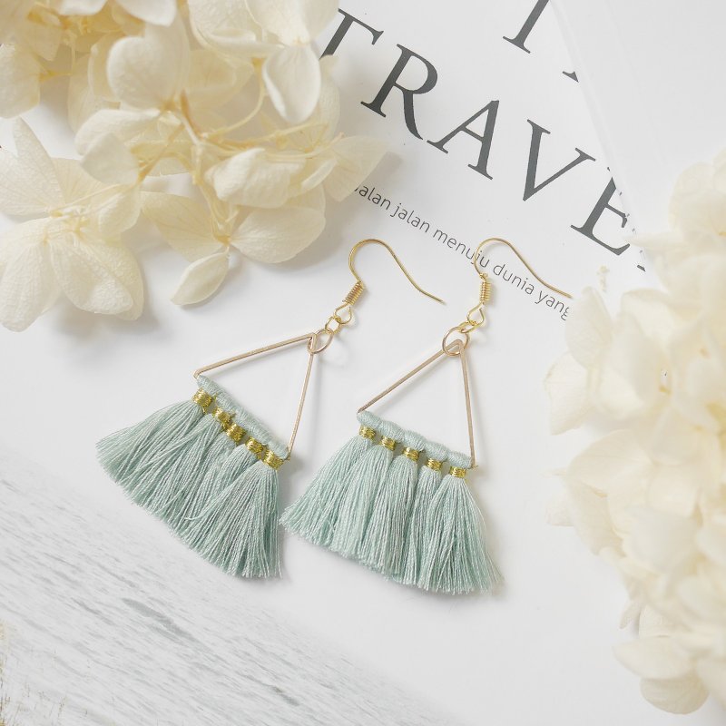 Bohemian Girl Tassel Triangle Iron Earrings Morandi Green - Earrings & Clip-ons - Cotton & Hemp Green