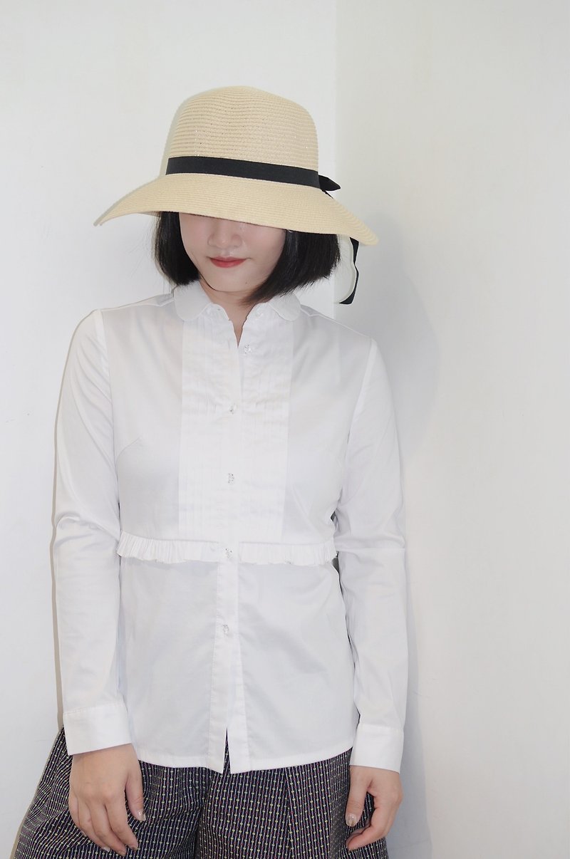 ผ้าฝ้าย/ผ้าลินิน เสื้อเชิ้ตผู้หญิง ขาว - Flat 135 X Taiwanese designer white long-sleeved elastic cotton pleated lotus leaf shirt top