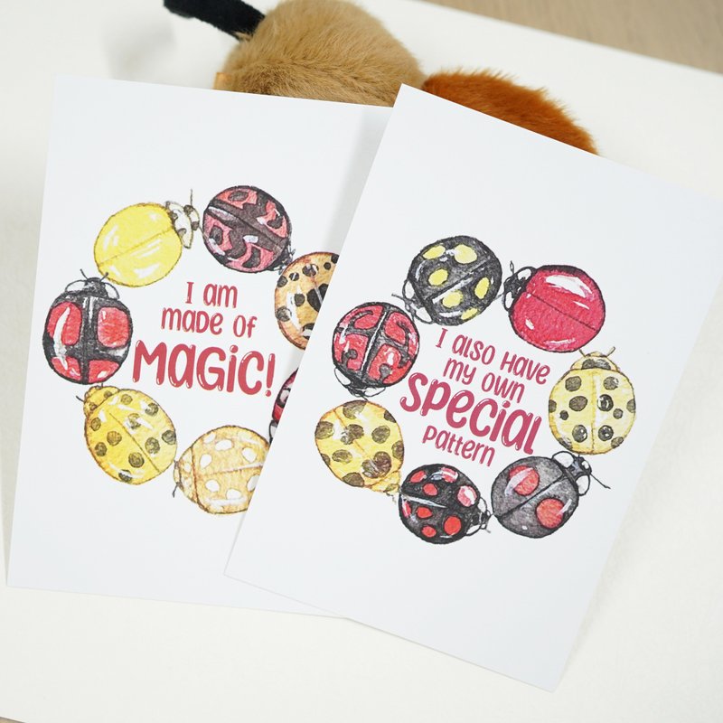 【瓢蟲小姐】水彩插畫 明信片  一套全兩款 複製畫 魔法蟲蟲 - 卡片/明信片 - 紙 紅色