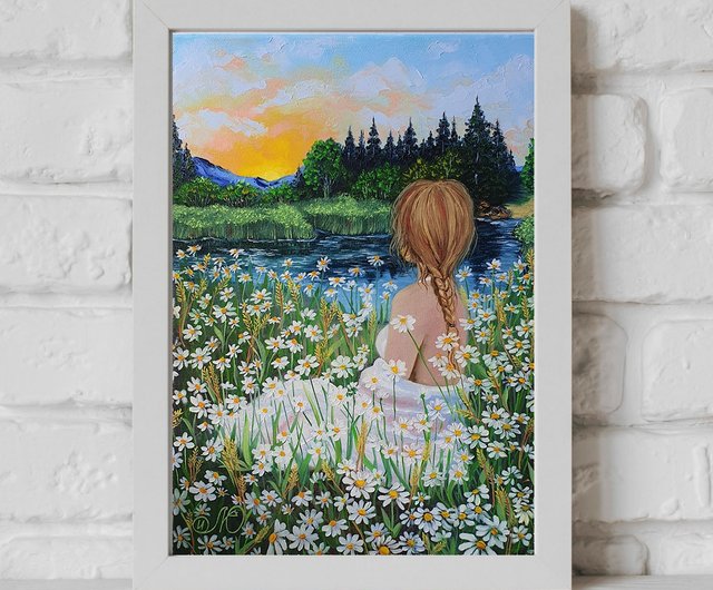 少女の絵 デイジー オリジナル アート 風景 アートワーク 油絵 キャンバス アート - ショップ IllaUartGallery ポスター・絵 -  Pinkoi