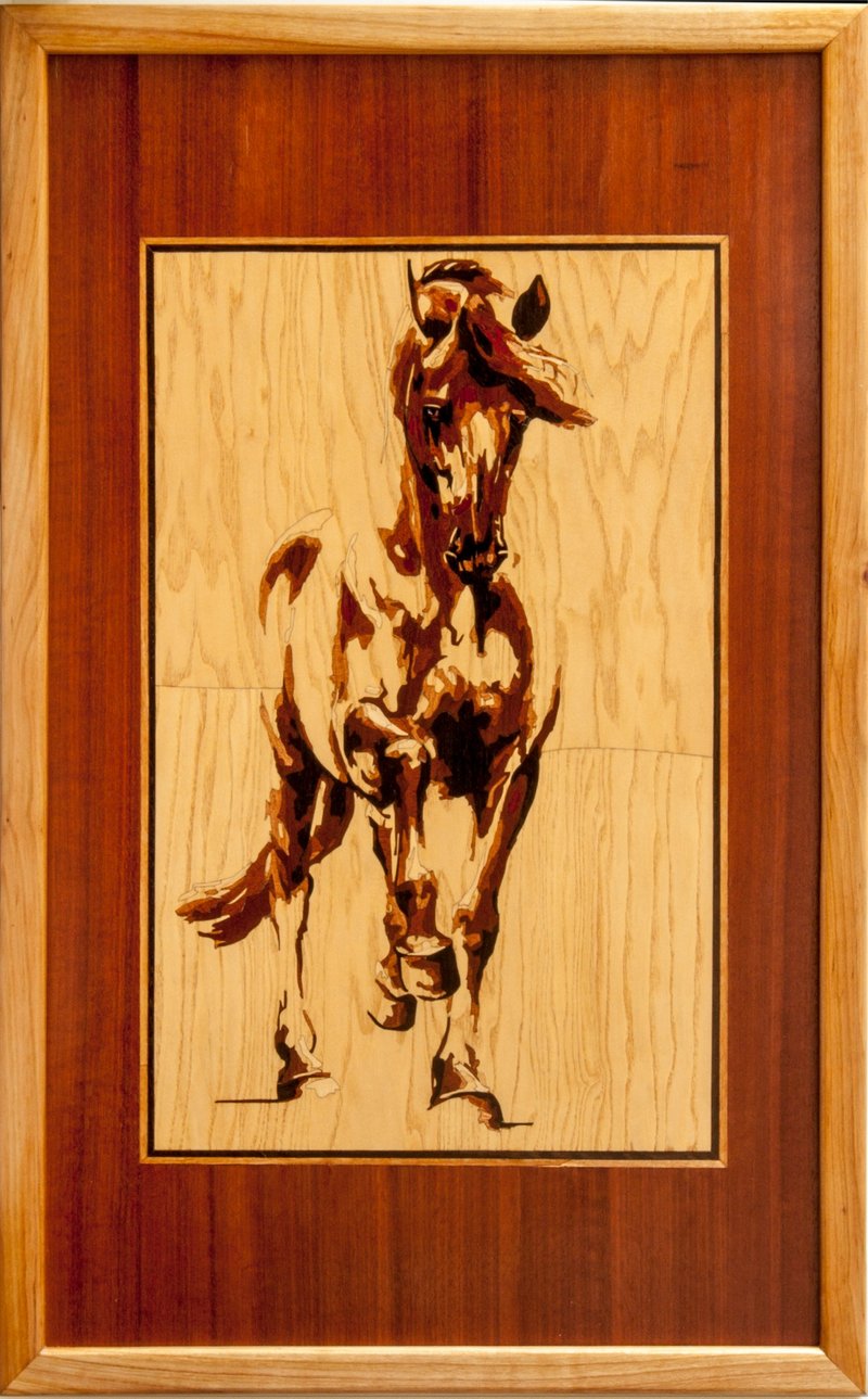 Horse wood veneer inlay marquetry wall art framed panel home decor eco gift wood - 壁貼/牆壁裝飾 - 木頭 橘色