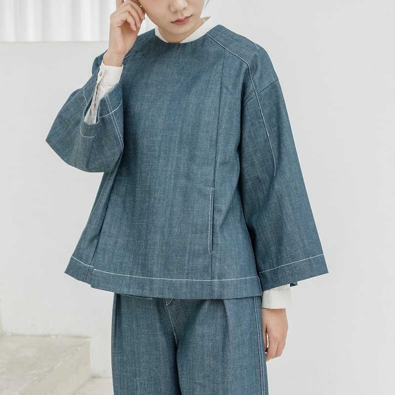 BUFU  oversized   Chinese-style denim coat O180401 - Women's Casual & Functional Jackets - Cotton & Hemp Blue