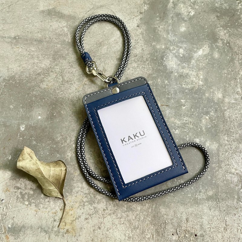 ID card holder Youyou card holder ID set mineral blue/grey customized gift - ที่ใส่บัตรคล้องคอ - หนังแท้ สีน้ำเงิน