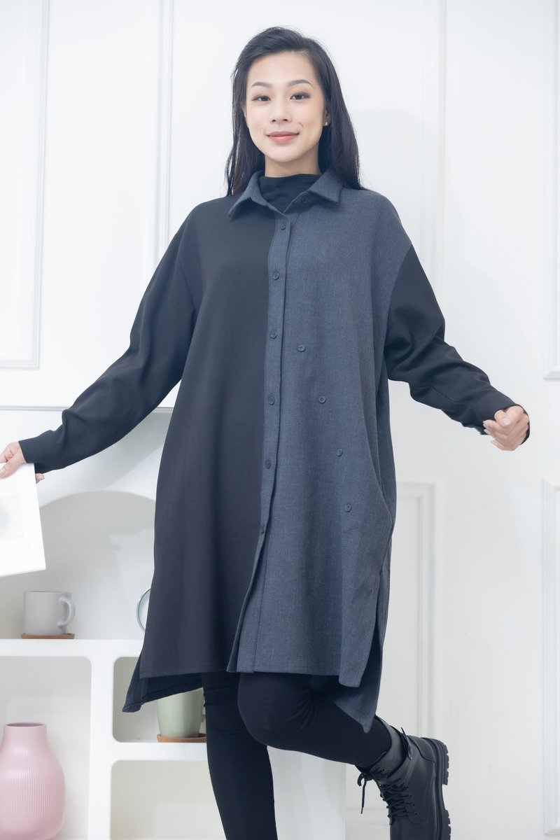 Grey and black stand collar long top - เสื้อผู้หญิง - วัสดุอื่นๆ สีเทา