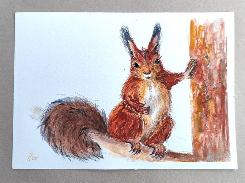 Squirrel painting original watercolor art bird artwork wildlife art - Posters - Paper Orange