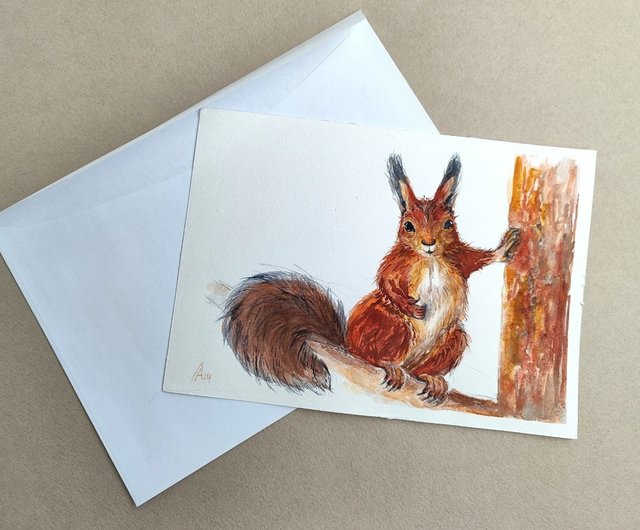 リスの絵画 オリジナル水彩画鳥のアートワーク 野生動物アート