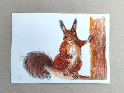 リスの絵画 オリジナル水彩画鳥のアートワーク 野生動物アート