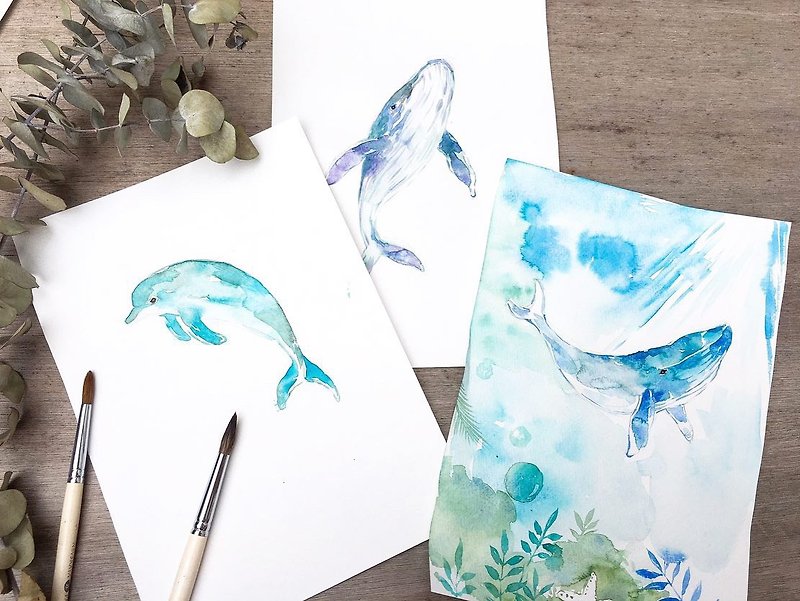 【One person in a class】Experience activities. Dolphin and whale series / watercolor rendering illustration - teacher Hazel - Illustration, Painting & Calligraphy - Paper 