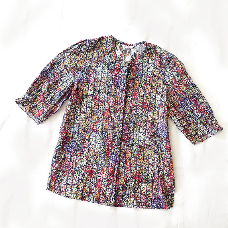 BajuTua / vintage / color dot grid sleeve sleeves - เสื้อเชิ้ตผู้หญิง - ผ้าฝ้าย/ผ้าลินิน หลากหลายสี