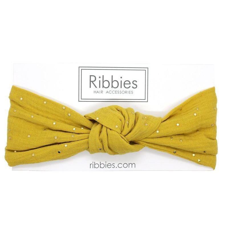 British Ribbies Adult Wide Twist Headband - Mustard Gold Dots - เครื่องประดับผม - ผ้าฝ้าย/ผ้าลินิน 