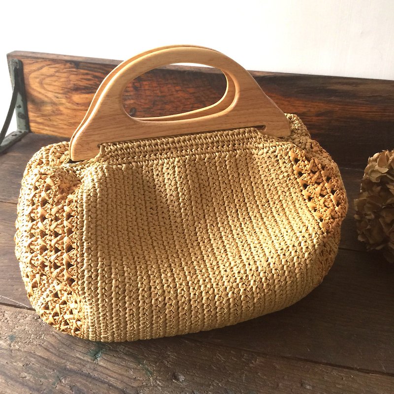 Ways to keep secrets wooden handle woven bag/paper raffia/handbag - Handbags & Totes - Paper Khaki