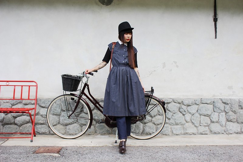 F3016 [Vintage dress] dark blue white stripe cotton sleeveless vintage dress - ชุดเดรส - ผ้าฝ้าย/ผ้าลินิน สีน้ำเงิน