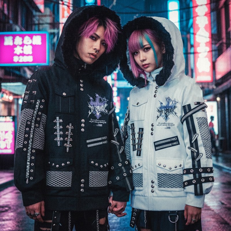 原創龐克風靈罪刻印翅膀十字架毛邊刷毛連帽外套漁網拼接JJ2559 - 男夾克/外套 - 棉．麻 