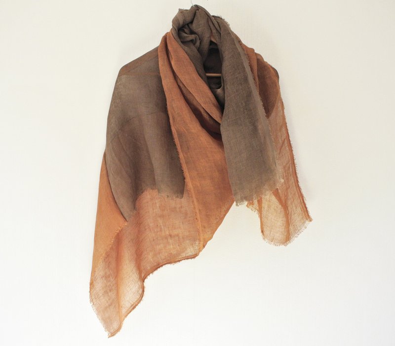 Natural Japanese cedar dyed brown wood color sustainable linen scarf - Knit Scarves & Wraps - Cotton & Hemp Brown