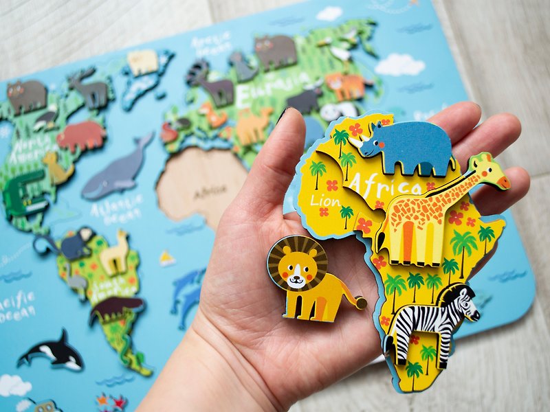 World map puzzle for kids with animals, Wooden puzzle, Montessori learning toys - ของเล่นเด็ก - ไม้ หลากหลายสี