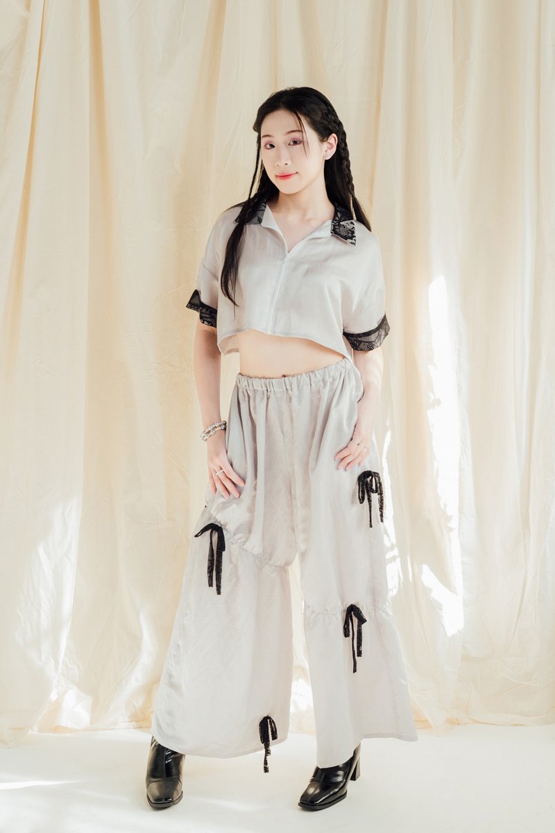 浪漫蝴蝶結寬褲 銀灰 - 女長褲 - 其他人造纖維 銀色