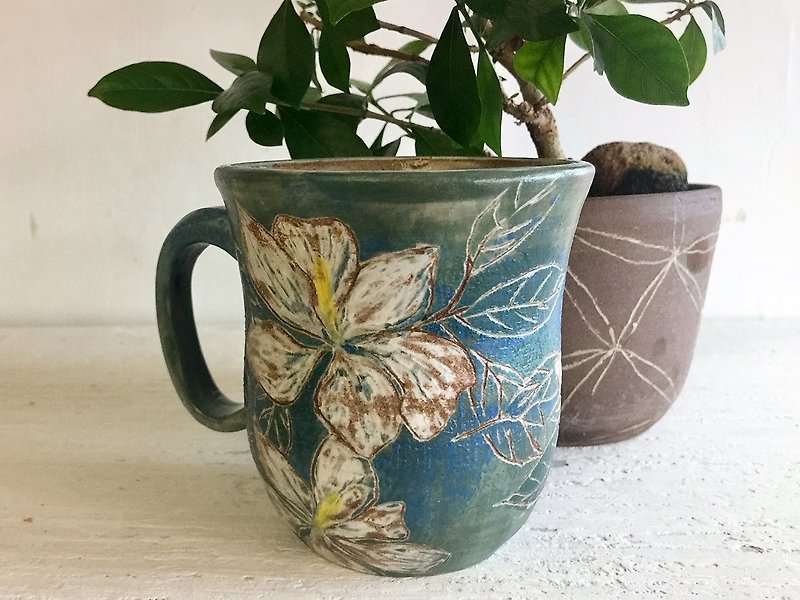 Gardenia Coffee Cup_Ceramic Mug - แก้วมัค/แก้วกาแฟ - ดินเผา สีน้ำเงิน