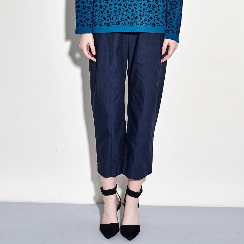 Blue fine plaid cropped trousers - กางเกงขายาว - ผ้าฝ้าย/ผ้าลินิน สีน้ำเงิน