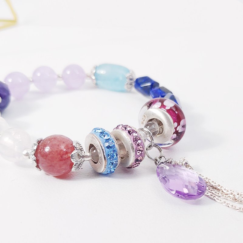 Natural top aquamarine Gemstone glass gorgeous Swarovski diamond bracelet gift lover - Bracelets - Gemstone Multicolor
