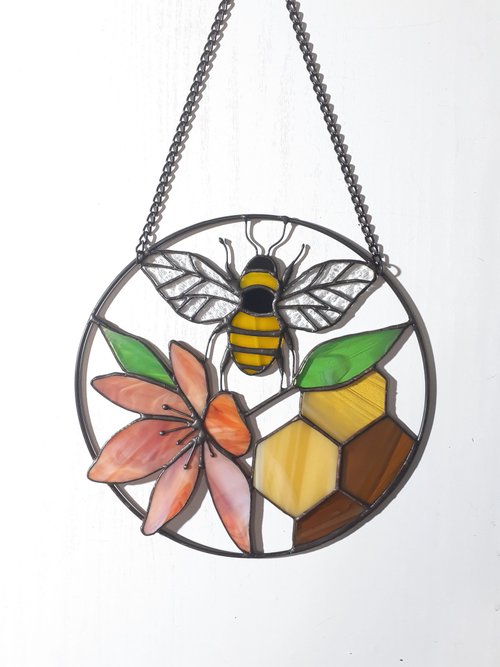 二匹の猫とミツバチと三種の花 ヴィンテージ ステンドグラス キジトラ 蜜蜂 40-1.jpg